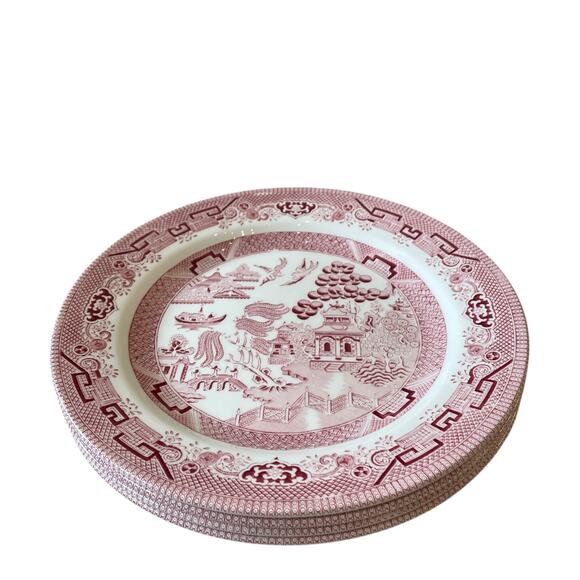 Queen's England WILLOW ROSA Porcelain Dinner Plates 10in Red White Set of 4 New - Picture 5 of 15